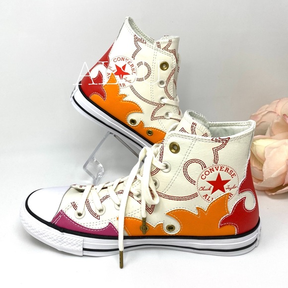 Converse Ctas Leather High Top Egret Red Orange🍊W - Picture 2 of 8